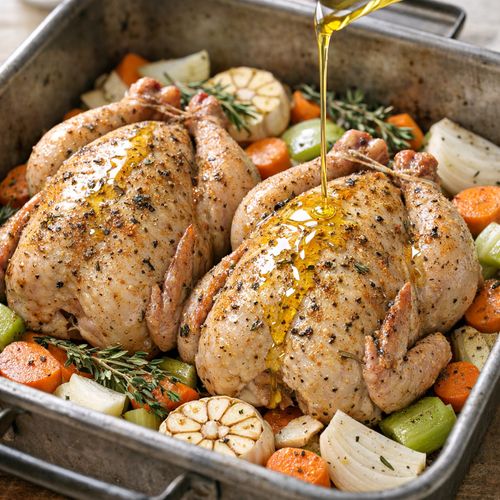 Step 4: Nestle Hens and Add Oil